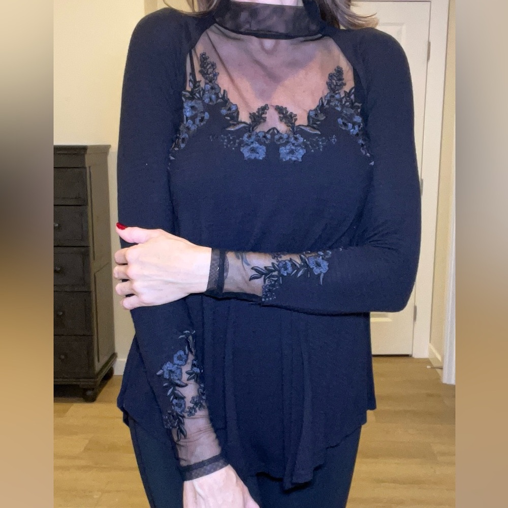 Free People Black Sheer Floral Blouse